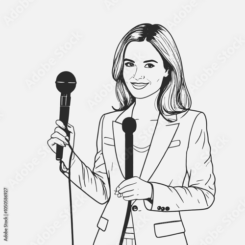 journalist with a microphone in her hands. Reporter reporting. One continuous line .Line art. Minimal single, isolated white background