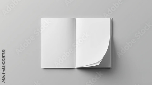 Open and closed blank brochures on grey background, top view. Mock up for design, 16:9 widescreen, 300 dpi, with free space for text