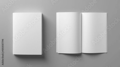 Open and closed blank brochures on grey background, top view. Mock up for design, 16:9 widescreen, 300 dpi, with free space for text