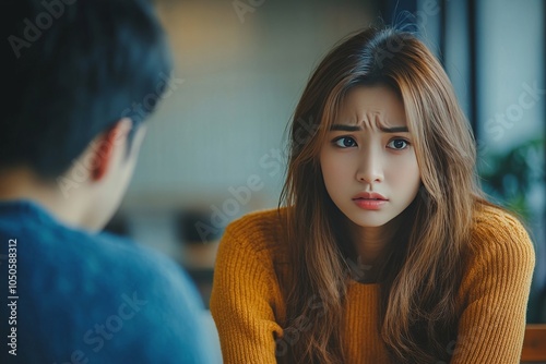 Breakup and depressed, asian young quarrel couple love fight relationship in trouble. Different people are emotion angry. Argue wife has expression upset with husband. Problem of family, Generative AI