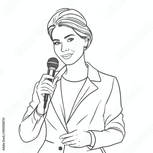 journalist with a microphone in her hands. Reporter reporting. One continuous line .Line art. Minimal single, isolated white background