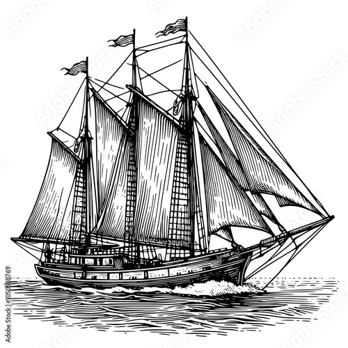 illustration of sailing boat, ship isolated on white