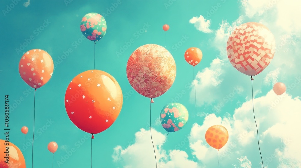Fototapeta premium Colorful balloons floating in a blue sky with white clouds.