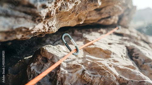 Close Up of Climbing Gear on Rocky Terrain: A Carabiner and Orange Rope Preparing for an Outdoor Adventure in Nature's Breathtaking Landscape photo