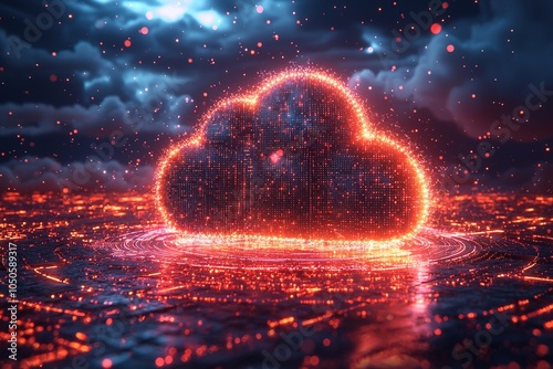 A futuristic cloud computing logo showcasing a circular particle ring around a stylized cloud, emphasizing data security and efficiency