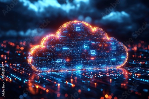 A futuristic cloud computing logo showcasing a circular particle ring around a stylized cloud, emphasizing data security and efficiency