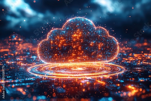 An abstract cloud computing logo with a swirling particle ring circle, illustrating the integration of cloud services and technology