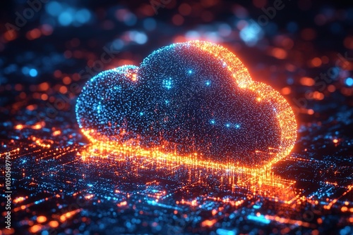 An abstract cloud computing logo with a swirling particle ring circle, illustrating the integration of cloud services and technology