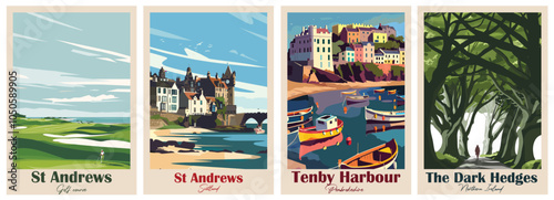 Set of Vintage Travel Posters, National Park Art Prints Nature Wall Art and Mountain Print Set Abstract Travel for Hikers Campers Living Room Decor. Vector illustration colorful