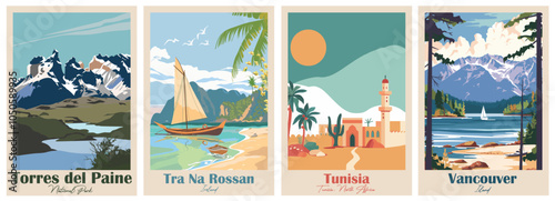 Set of Vintage Travel Posters, National Park Art Prints Nature Wall Art and Mountain Print Set Abstract Travel for Hikers Campers Living Room Decor. Vector illustration colorful
