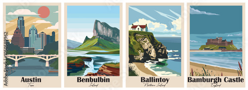 Set of Vintage Travel Posters, National Park Art Prints Nature Wall Art and Mountain Print Set Abstract Travel for Hikers Campers Living Room Decor. Vector illustration colorful