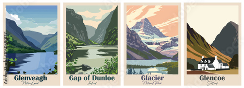 Set of Vintage Travel Posters, National Park Art Prints Nature Wall Art and Mountain Print Set Abstract Travel for Hikers Campers Living Room Decor. Vector illustration colorful