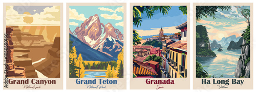 Set of Vintage Travel Posters, National Park Art Prints Nature Wall Art and Mountain Print Set Abstract Travel for Hikers Campers Living Room Decor. Vector illustration colorful