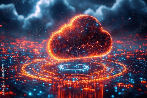 A modern cloud computing emblem designed with a vibrant particle ring circle, representing seamless data flow and cloud technology