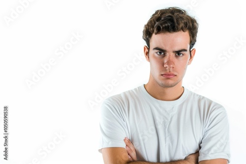 A man wearing a white shirt with his arms crossed, possibly conveying a sense of defensiveness or caution