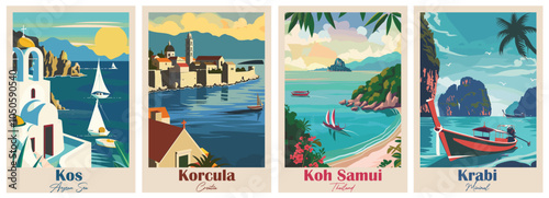 Set of Vintage Travel Posters, National Park Art Prints Nature Wall Art and Mountain Print Set Abstract Travel for Hikers Campers Living Room Decor. Vector illustration colorful