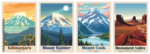 Set of Vintage Travel Posters, National Park Art Prints Nature Wall Art and Mountain Print Set Abstract Travel for Hikers Campers Living Room Decor. Vector illustration colorful
