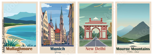 Set of Vintage Travel Posters, National Park Art Prints Nature Wall Art and Mountain Print Set Abstract Travel for Hikers Campers Living Room Decor. Vector illustration colorful