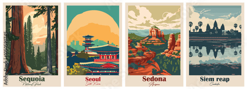 Set of Vintage Travel Posters, National Park Art Prints Nature Wall Art and Mountain Print Set Abstract Travel for Hikers Campers Living Room Decor. Vector illustration colorful