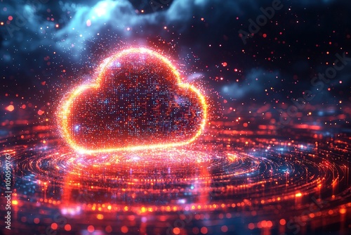A sleek cloud computing logo featuring a dynamic particle ring circle, symbolizing innovation and data connectivity in a digital world
