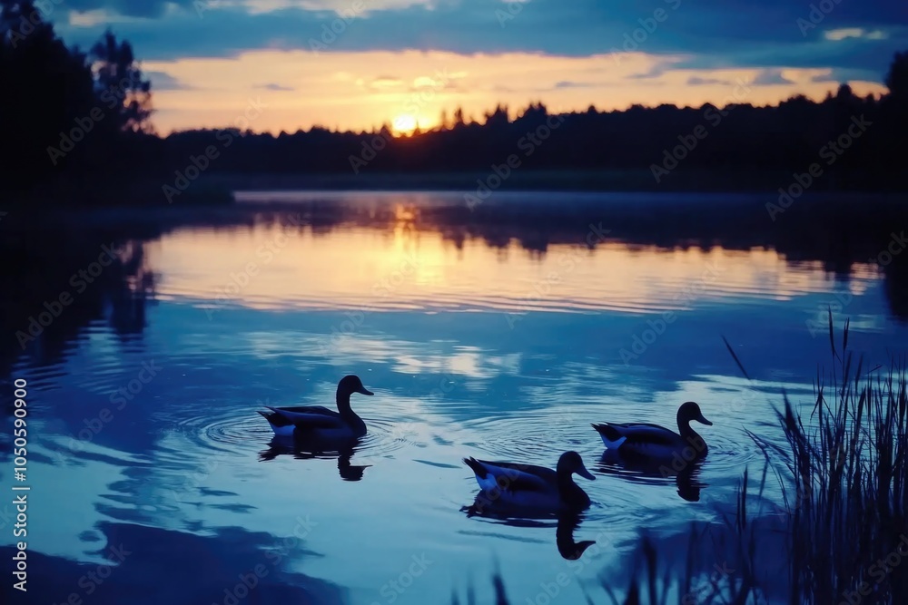A group of ducks floating on the surface of a calm lake A group of ducks floating on the surface of a calm lake