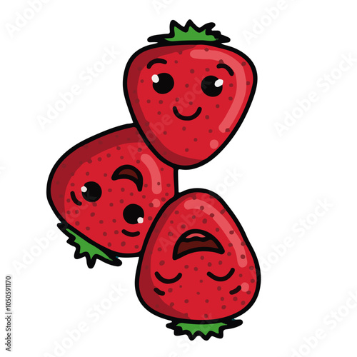 Cute vector illustration of three kawaii strawberries with different facial expressions (happy, surprised, and sleepy). Ideal for food-themed designs, children’s content, and playful decor. Doodle