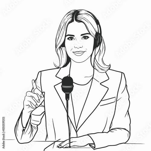 journalist with a microphone in her hands. Reporter reporting. One continuous line .Line art. Minimal single, isolated white background