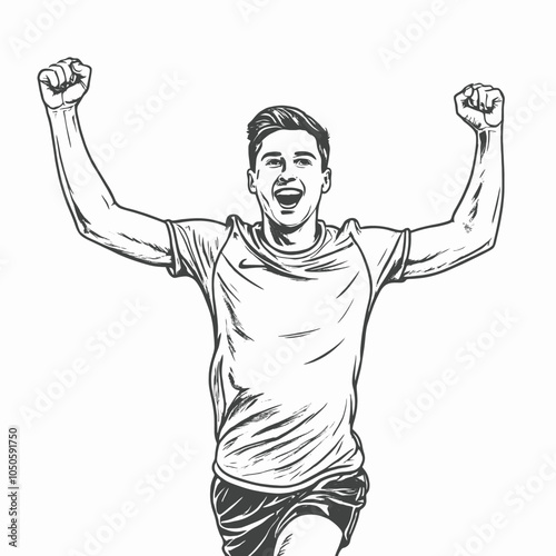 Runner reaches finish line holding his arms up. Continuous one line, isolated white background