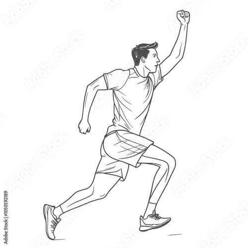 Runner reaches finish line holding his arms up. Continuous one line, isolated white background