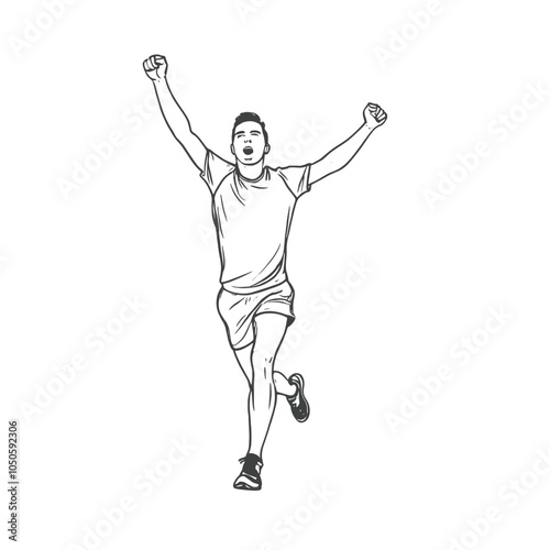 Runner reaches finish line holding his arms up. Continuous one line, isolated white background