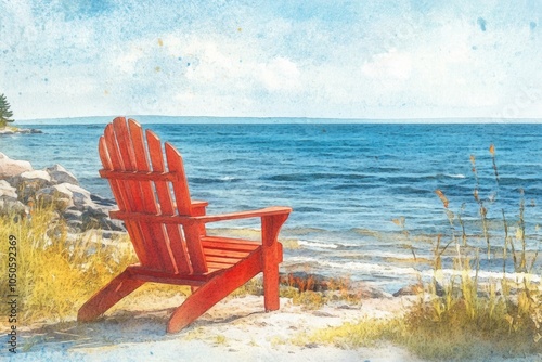 A single red chair sits atop a sunny sandy beach, ideal for relaxation or reading photo