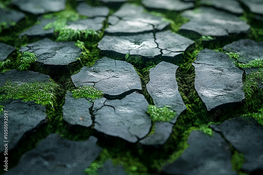 A detailed close-up of cracked earth interspersed with vibrant green moss, illustrating the contrast between dryness and life. A detailed close-up of cracked earth interspersed with vibrant green moss, illustrating the contrast between dryness and life.