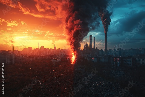 A split image of a city showcasing a vibrant green landscape on one side, featuring parks and trees, and a polluted industrial area on the other