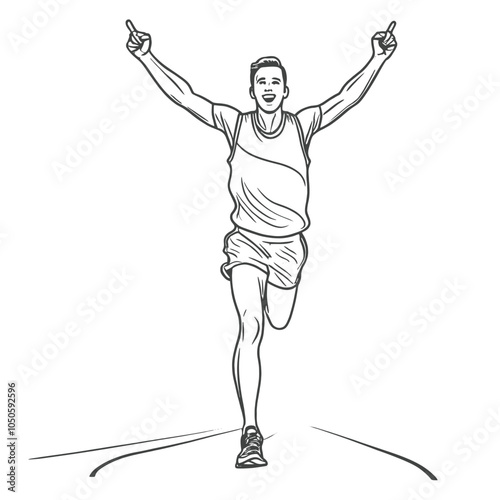 Runner reaches finish line holding his arms up. Continuous one line, isolated white background