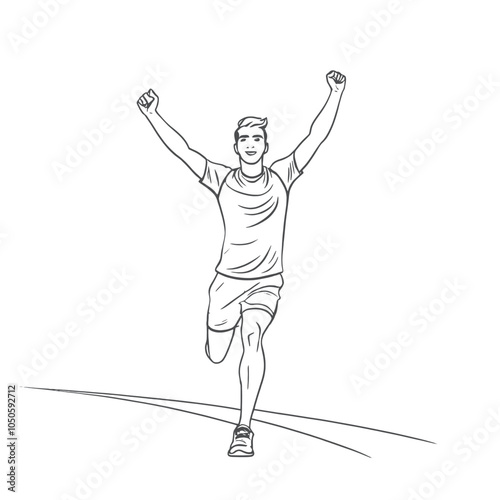 Runner reaches finish line holding his arms up. Continuous one line, isolated white background