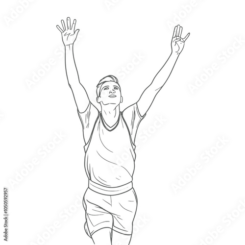 Runner reaches finish line holding his arms up. Continuous one line, isolated white background