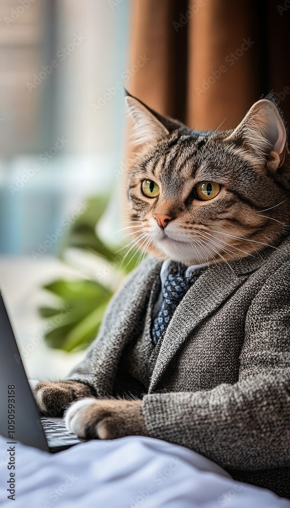 Serious cat in a business suit working on a laptop in a home office. Funny business meme. Serious cat in a business suit working on a laptop in a home office. Funny business meme.
