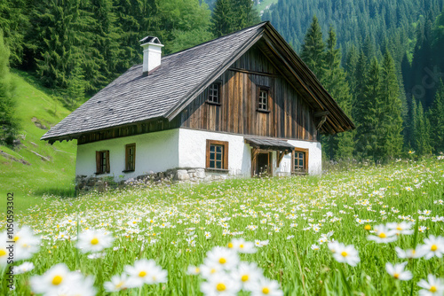 A quaint cottage nestled among blooming wildflowers.