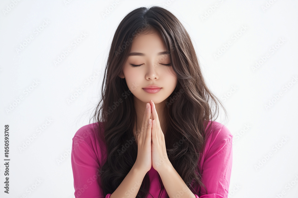Believe faith charity, calm asian young woman show gratitude, folded hands in prayer feel grateful, meditating with her eyes closed, praying to request God for help. Religious, forgiveness concept Believe faith charity, calm asian young woman show gratitude, folded hands in prayer feel grateful, meditating with her eyes closed, praying to request God for help. Religious, forgiveness concept