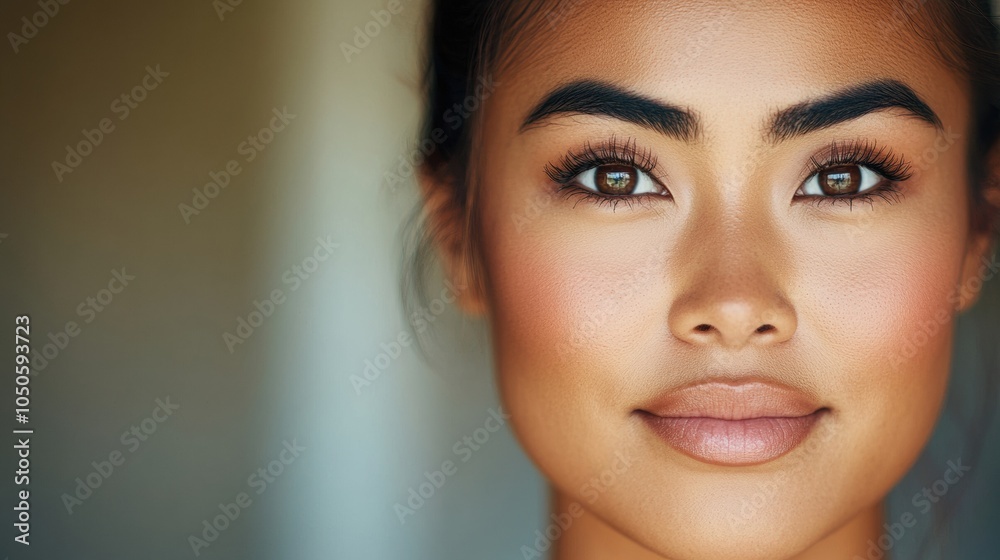 Naklejka premium Close-up portrait of a woman with a serene expression and natural makeup, AI