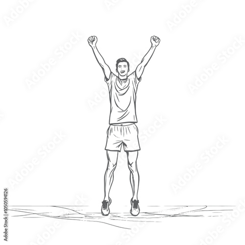 Runner reaches finish line holding his arms up. Continuous one line, isolated white background
