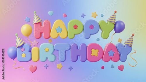 A colorful "Happy Birthday" graphic adorned with balloons, party hats, and stars, perfect for celebratory themes.