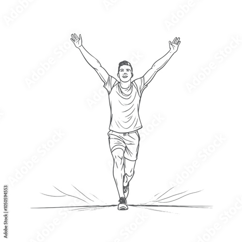 Runner reaches finish line holding his arms up. Continuous one line, isolated white background