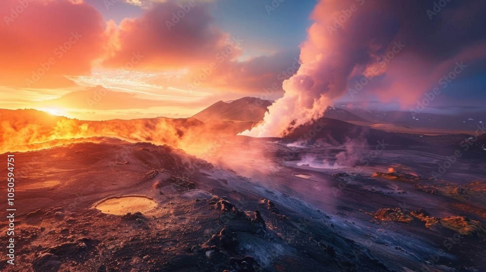 Fototapeta premium A stunning view of the volcanic landscape of Iceland with steam rising from geothermal vents and black lava fields contrasting against the backdrop of a vibrant sunset