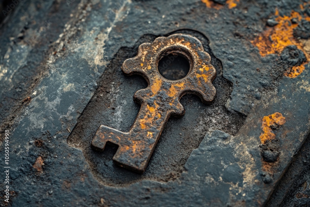 A worn out key sits on a corroded surface, perfect for historical or abandoned scene imagery A worn out key sits on a corroded surface, perfect for historical or abandoned scene imagery
