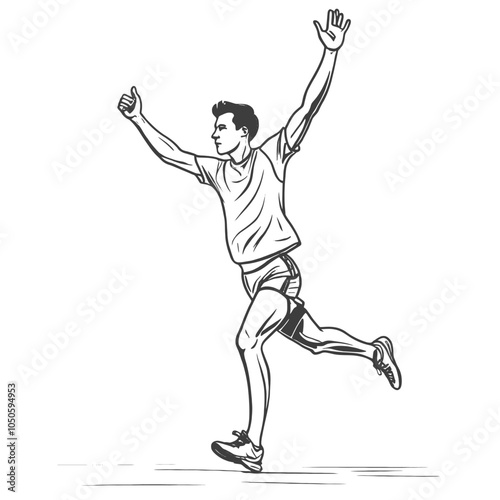 Runner reaches finish line holding his arms up. Continuous one line, isolated white background