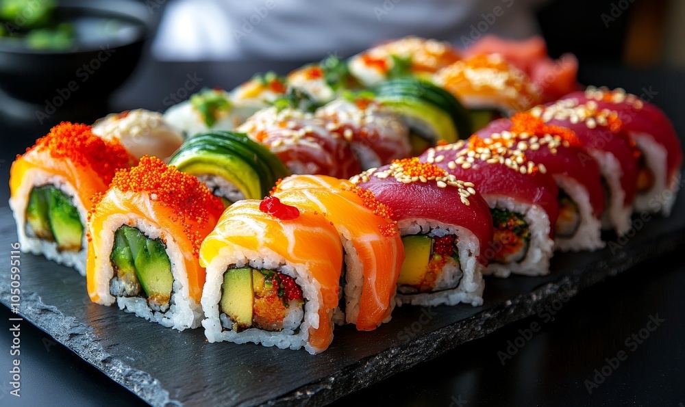 Colorful Gourmet Sushi Roll Platter with Fresh Ingredients and Professional Chef in Background, Japanese Cuisine on Slate Plate, Generative AI Colorful Gourmet Sushi Roll Platter with Fresh Ingredients and Professional Chef in Background, Japanese Cuisine on Slate Plate, Generative AI