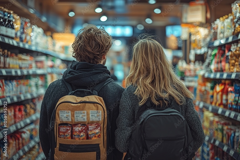 Fototapeta premium A happy couple smiling as they push a shopping cart filled with fresh produce and groceries down the store aisle