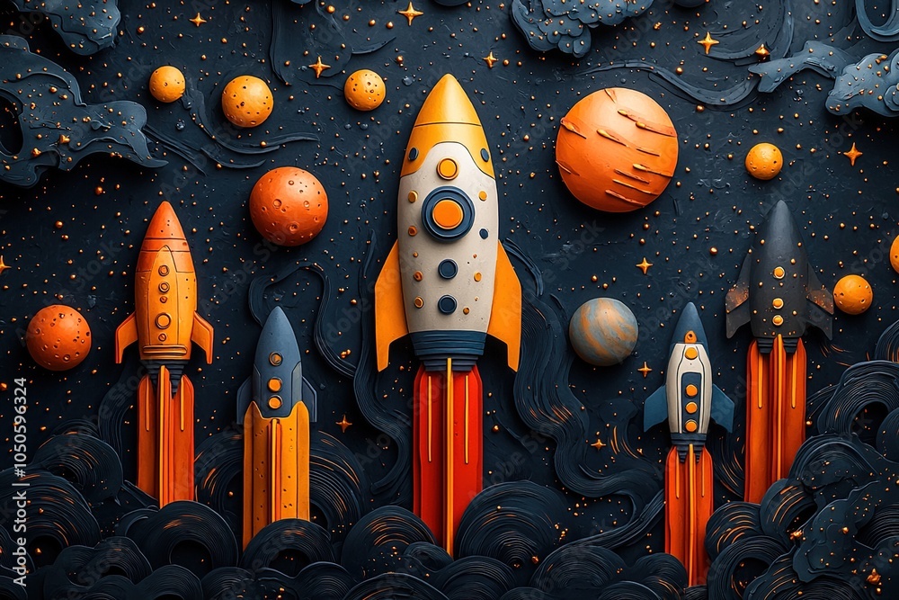 A charming set of doodle spaceships exploring a vibrant galaxy, surrounded by cartoon-style planets and cosmic elements
