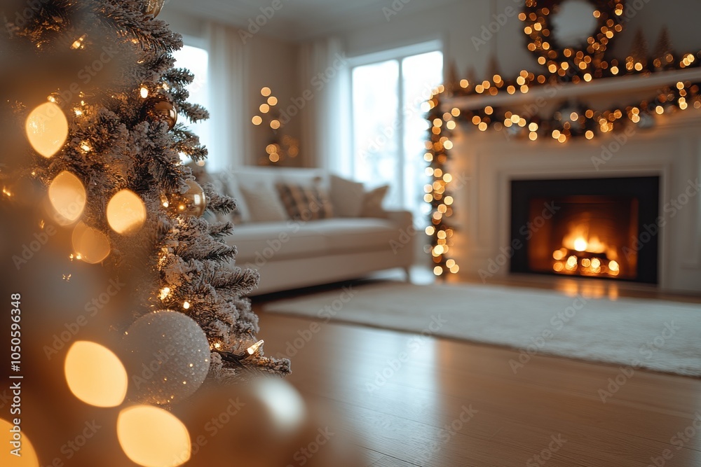 Blurred living room decorated for Christmas with a Christmas tree, fireplace, and garland lights. Blurred living room decorated for Christmas with a Christmas tree, fireplace, and garland lights.